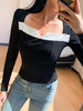 Pull noir à col carré et manches longues en coton pour femmes Pull gothique