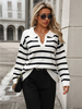 Pull-Over Blanc Bicolore Pour Femme Col Rabattu Manches Longues En Polyester