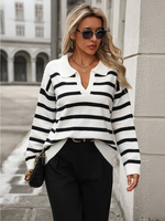Pull-Over Blanc Bicolore Pour Femme Col Rabattu Manches Longues En Polyester