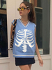 Pull sans Manches Gilet Femme Imprimé en Côtelé avec Bretelles à Col V Bicolores Pull Femme