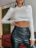 Pull Taille Haute Femme Court à Col Montant avec Manches Longues Volantes Epaulé Unicolore Pull Femme