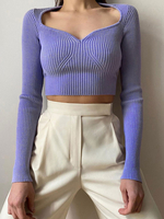 Pull Taille Haute Femme en Maille Taille Haute avec Manches Longues à Col Décolleté en V Unicolore Pull Sexy