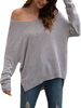 Pullover femme gris fendu devant col en V manches longues pulls asymétriques en acrylique