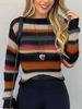 Pullover Pulls Pour Femmes Kaki Rayures Jewel Neck Manches Longues Pulls