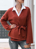 Pulls Cardigans Brick Red Polyester Lace Up Manches longues Col en V Cardigans pour femmes