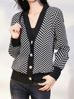 Pulls Cardigans en Mailles Imprimés Femmes à col V avec Manches Longues Fermeture avec Boutons Cousu Bicolores
