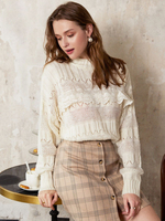 Pulls en Mailles Femmes Hivers Cousu avec Dentelles avec Manches Longues à Col Rond Unicolore Court