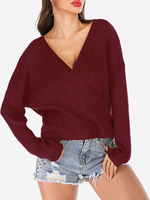 Pulls femmes bordeaux col en V manches longues pulls en acrylique