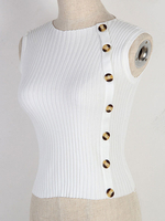 Pulls Femmes Courts en Maille à Col Rond sans Manches Coupe Cintrée Décors avec Boutons Unicolore