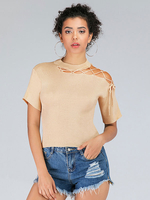 Pulls Femmes Courts en Mailles à Col Rond avec Manches Courtes avec Epaules Nues à Lacets Croisés Unicolore