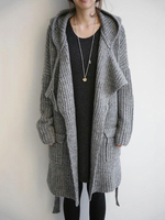 Pulls gris Cardigans femmes à capuche manches longues à lacets long pull manteau
