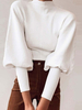Pulls pour femmes blanc col haut manches longues lanterne chandails en mélange de coton