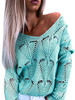 Pulls Pour Femmes Bleu Cyan Découpé Col En V Manches Longues Coton Mélangé Pulls