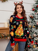Pulls pour femmes bleu foncé motif de Noël col bijou manches longues pulls en polyester
