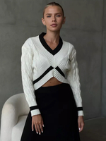 Pulls pour femmes bleu marine foncé bicolore col en V manches longues pulls surdimensionnés en polyester