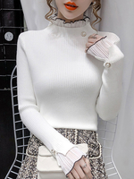 Pulls pour femmes Boutons blancs Col montant Manches longues Pulls en mélange de coton
