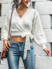 Pulls Pour Femmes Ecru Blanc Lacets Col En V Manches Longues Polyester Pulls