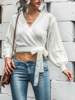 Pulls Pour Femmes Ecru Blanc Lacets Col En V Manches Longues Polyester Pulls