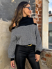 Pulls pour femmes noir bloc de couleur col bijou manches longues épaule ouverte pulls en acrylique