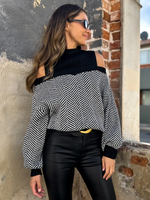 Pulls pour femmes noir bloc de couleur col bijou manches longues épaule ouverte pulls en acrylique