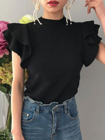 Pulls pour femmes Pulls à volants à manches courtes et col bijou noir