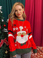 Pulls Pour Femmes Rouge Noël Col Rond Manches Longues Cardigan En Acrylique