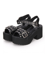 Punk Lolita Sandales Métallique Boucle Rivet Grommet Plate-forme Chunky Talon Noir Lolita Chaussures Déguisements Halloween