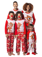 Pyjama de Famille Enfants Noël 2021 Ensemble 2 pièces Rouge Imprimé Motifs Cerfs Top et Pantalons Déguisements Noël