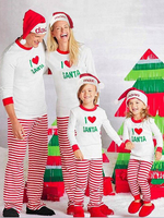 Pyjama de Famille Enfants Noël 2022 Ensemble 2 pièces Blanc Imprimé avec Les Rayures Top et Pantalons Déguisements Noël