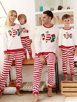 Pyjama De Noël Famille En Mélange De Coton Rouge À Rayures Ensemble De Pantalons Enfant Adulte