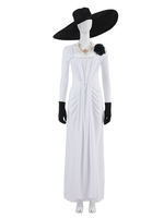 Resident Evil 8 RE8 Vampire Lady Cosplay Costume Blanc Robe Longue Collier Chapeau Ensemble 3 Pièces