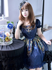 Robe à bretelles lolita charmante en lin de coton impression avec noeud col carré Robe Déguisements Halloween