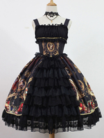 Robe à bretelles lolita charmante en polyester impression plissée col carré Robe Déguisements Halloween