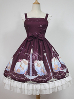 Robe à bretelles lolita séduisante en polyester rouge foncée impression à volants col carré Top Déguisements Halloween