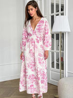 Robe à imprimé floral col en V profond coton manches longues dos nu bohème longue robe dété pour femmes 2025