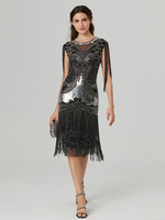 Robe à paillettes à clapet pour femmes manches à franges col ras du cou robe de bal mi-longue latine Gatsby des années 1920 2025