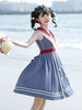 Robe académique Lolita JSK bleu gris sans manches col marin arcs à lacets Polyester"idien décontracté Lolita pull jupes
