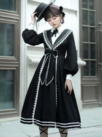 Robe académique Lolita OP 2 pièces ensemble Bowknot à lacets noir manches longues classique Lolita une pièce robes tenue