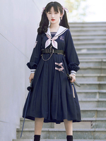 Robe académique Lolita OP col bleu marine manches longues Polyester uniformément robes une pièce Lolita