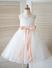 Robe adorbale de cortège fille en dentelle ivoire col rond avec noeud sans bretelles