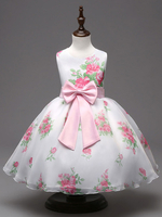 Robe adorbale de cortège fille en tulle blanc col rond avec noeud