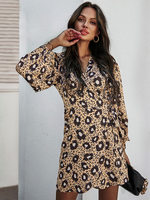 Robe avec Manches Longues Ample Femme Courte Coupe Cintrée à Lacets à Col V Imprimé Léopard Bas Evasée Robe Femme
