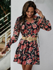 Robe avec Manches Longues Femme Courte Ceinturé à Col V à Lacets Imprimé Les Fleurs Bas Evasée Robe Femme