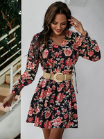 Robe avec Manches Longues Femme Courte Ceinturé à Col V à Lacets Imprimé Les Fleurs Bas Evasée Robe Femme