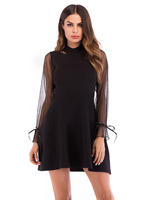 Robe Ballet Femme à Col Rond Courte Coupe Cintrée avec Manches Longues Dentelles Bas Evasée Unicolore Noir Robe Femme