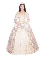 Robe Beige Rétro Costumes À Volants Déguisements Halloween Style Victorien Imprimé Fleur Robe Femmes Vêtements Vintage