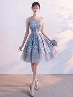 Robe belle de bal A-ligne en dentelle gris clair col rond avec ceinture longueur genou