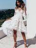 Robe Bohème Blanche en Dentelle en Creusantes à col V Robe Bas Evalée de Plage Unicolore avec Manches