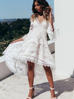 Robe Bohème Blanche en Dentelle en Creusantes à col V Robe Bas Evalée de Plage Unicolore avec Manches