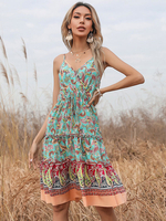 Robe bohème bretelles spaghetti cou sans manches imprimé floral superposé robe dété mi-longue plissée